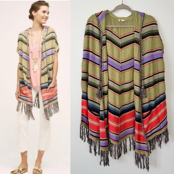 Anthropologie Moth Calexico Poncho Sweater Hooded Vest Cardigan Striped Sz XS S - Picture 1 of 16